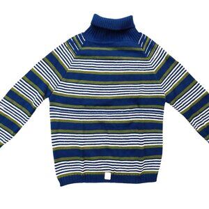 Vintage 1940s-1950s 3/4 Sleeve Multi-Color Blue Stripe Knit Turtleneck Sweater